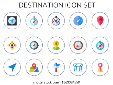 destination icon set. 15 flat destination icons.  Collection Of - gps, compass, pin, cardinal points, location, navigation, sign post, stonehenge