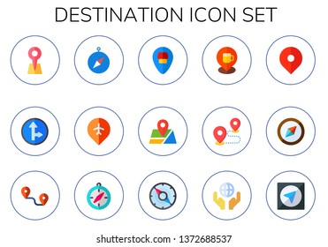 destination icon set. 15 flat destination icons.  Simple modern icons about  - pin, traffic sign, compass, location, gps, track, maps and flags