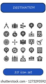  destination icon set. 25 filled destination icons. Simple modern icons about  - Compass, Travel bag, Signpost, Location, Place, Gps, Pin, Berlin, Dart board, Directions, Area