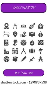  destination icon set. 25 filled destination icons. Simple modern icons about  - Location, Compass, Position, Route, Pin, Location pin, Area, Gps, Dart board, Marker, Notre dame