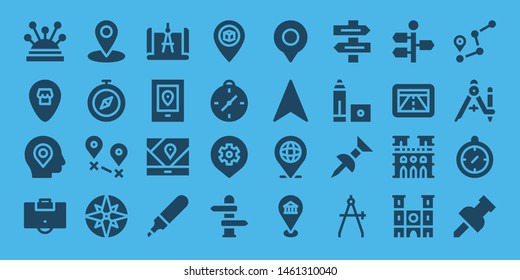 destination icon set. 32 filled destination icons. on blue background style Simple modern icons about  - Pins, Location, Area, Compass, Destination, Gps, Marker, Pin, Place, Direction