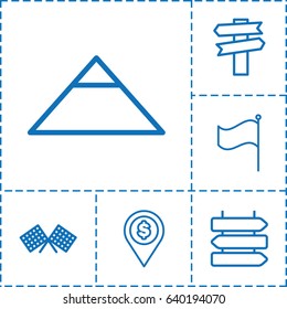 Destination icon. set of 6 destination outline icons such as direction   isolated, pyramid, flag, finish flag, dollar location