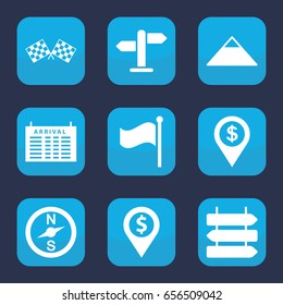 Destination icon. set of 9 filled destination icons such as direction isolated, arrival table, pyramid, flag, finish flag, direction, dollar location