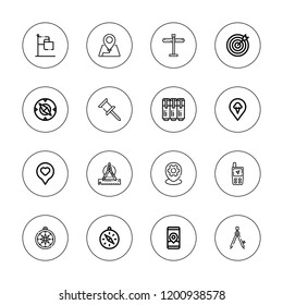 Destination icon set. collection of 16 outline destination icons with compass, direction, dart board, location, gps, markers, navigation icons.