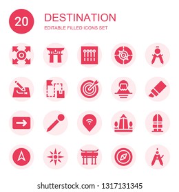 destination icon set. Collection of 20 filled destination icons included Direction, Torii gate, Pins, Compass, Route, Dart board, Fuji mountain, Marker, Pin, Obelisk, Korea, Navigation