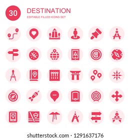 destination icon set. Collection of 30 filled destination icons included Route, Location, Obelisk, Pin, Directions, Compass, Navigation, Internazionale milano, Map book, Pins