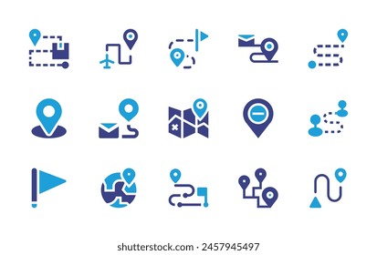 Destination icon set. Duotone color. Vector illustration. Containing location, flag, destination, itinerary, route, diminish.