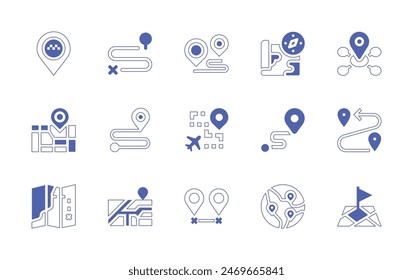 Destination icon set. Duotone style line stroke and bold. Vector illustration. Containing mobility, tourist, destinations, map, citymap, destination, locationpin, direction, route, flightroute.
