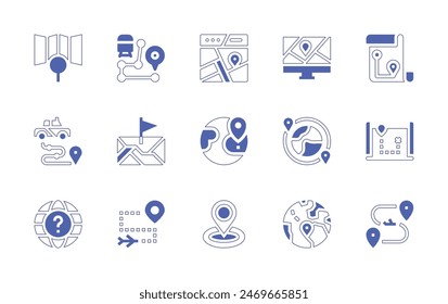 Destination icon set. Duotone style line stroke and bold. Vector illustration. Containing travel, location, destination, map, route, search, maps, gps, taxi, airplane, globe.