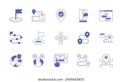 Destination icon set. Duotone style line stroke and bold. Vector illustration. Containing locationpin, route, flag, destination, mobility, navigation, direction, bookingtrip.