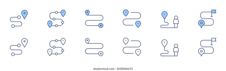 Destination icon set in two styles, Duotone and Thin Line style. Editable stroke. route, destination, business plan.