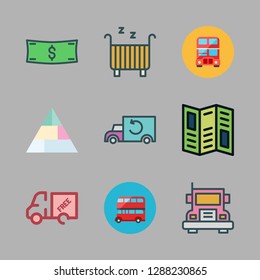 destination icon set. vector set about bus, money id, road map and pyramid icons set.