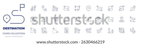 Destination icons collection. Thin Line icons, editable stroke. sedentary, train, location, route, destination, maps, travel, itinerary, business plan, tourist, location pin.