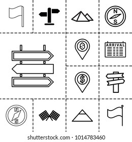 Destination icons. set of 13 editable outline destination icons such as direction, arrival table, pyramid, compass, dollar location, flag, finish flag