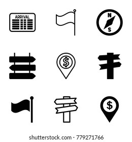 Destination icons. set of 9 editable filled and outline destination icons such as direction   isolated, direction, flag, dollar location, arrival table