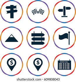 Destination icons set. set of 9 destination filled icons such as direction   isolated, arrival table, pyramid, flag, finish flag, direction