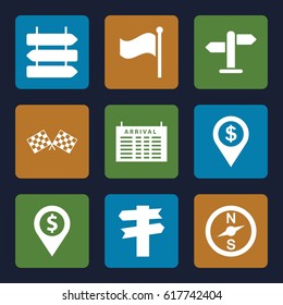Destination icons set. set of 9 destination filled icons such as direction   isolated, arrival table, flag, finish flag, direction, dollar location