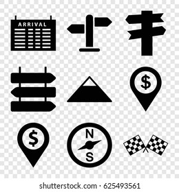 Destination icons set. set of 9 destination filled icons such as direction   isolated, arrival table, pyramid, finish flag, direction, dollar location