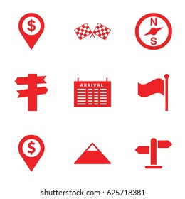 Destination icons set. set of 9 destination filled icons such as arrival table, pyramid, flag, finish flag, direction, dollar location