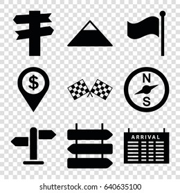 Destination icons set. set of 9 destination filled icons such as direction   isolated, arrival table, pyramid, flag, finish flag, direction, dollar location
