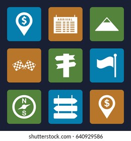 Destination icons set. set of 9 destination filled icons such as direction   isolated, arrival table, pyramid, flag, finish flag, dollar location, compass