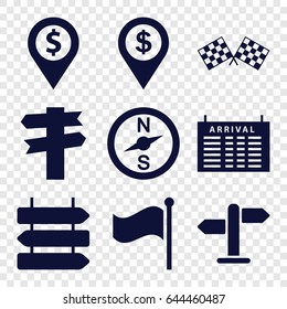Destination icons set. set of 9 destination filled icons such as direction   isolated, arrival table, flag, finish flag, direction, dollar location