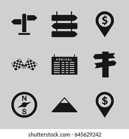 Destination icons set. set of 9 destination filled icons such as direction   isolated, arrival table, pyramid, finish flag, direction, dollar location