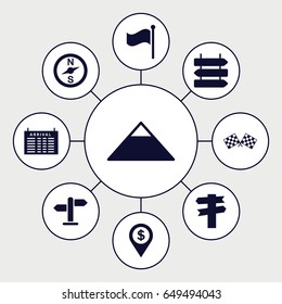 Destination icons set. set of 9 destination filled icons such as direction   isolated, arrival table, pyramid, flag, finish flag, direction, dollar location