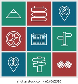 Destination icons set. set of 9 destination outline icons such as direction   isolated, arrival table, pyramid, direction, finish flag, dollar location