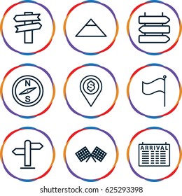 Destination icons set. set of 9 destination outline icons such as direction   isolated, arrival table, pyramid, flag, direction, finish flag, dollar location