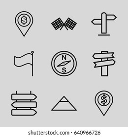 Destination icons set. set of 9 destination outline icons such as direction   isolated, pyramid, flag, direction, finish flag, dollar location