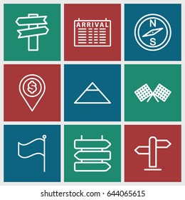 Destination icons set. set of 9 destination outline icons such as direction   isolated, arrival table, pyramid, flag, direction, finish flag, dollar location