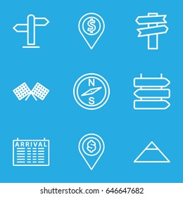 Destination icons set. set of 9 destination outline icons such as direction   isolated, arrival table, pyramid, direction, finish flag, dollar location
