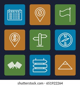 Destination icons set. set of 9 destination outline icons such as direction   isolated, arrival table, pyramid, flag, direction, finish flag, dollar location