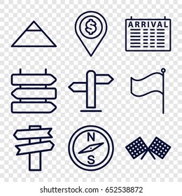 Destination icons set. set of 9 destination outline icons such as direction   isolated, arrival table, pyramid, flag, direction, finish flag, dollar location