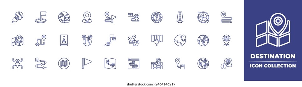 Colección de icono de línea de destino. Trazo editable. Ilustración vectorial. Conteniendo destino, viaje, ubicación, bandera, destinos, mapa de la ciudad, gps, mapa, itinerario, información, ruta, búsqueda.