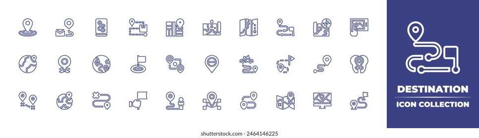 Destination line icon collection. Editable stroke. Vector illustration. Containing location, route, destination, map, mobility, diminish, flag, taxi, direction, pointofinterest, bookingtrip.