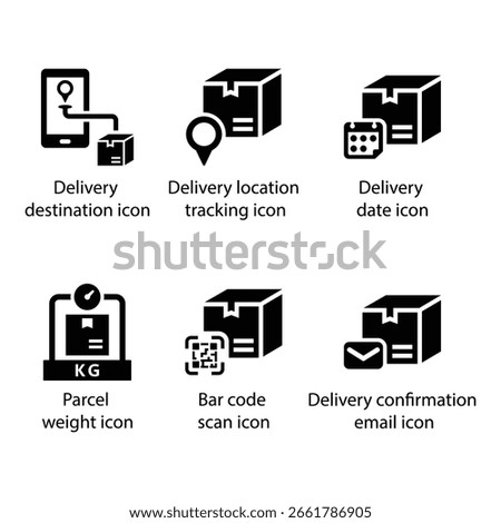 Destination, location tracking, Delivery date, Parcel weight, Bar code scan, Delivery confirmation, icon