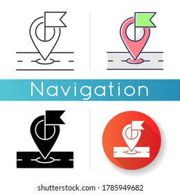 Destination marker icon. Global positioning and tracking system, navigation technology. Linear black and RGB color styles. Location pointer, geotag with flag isolated vector illustrations