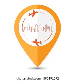 The Destination Place Travel Symbol. Around The World Travelling By Plane In City Country Background. Flying Above The Earth. Concept Vector Illustration.