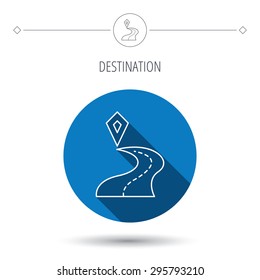 Destination pointer icon. Road location sign. Blue flat circle button. Linear icon with shadow. Vector