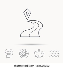 Destination pointer icon. Road location sign. Global connect network, ocean wave and chat dialog icons. Teamwork symbol.
