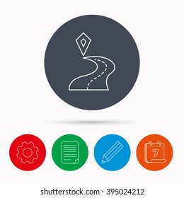 Destination pointer icon. Road location sign. Calendar, cogwheel, document file and pencil icons.