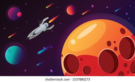 Destination rocket to planet with surface crater and ring in the space