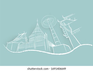 Destino de Tailandia, antigua Pagoda del templo en la provincia de Chiangmai. Esbozo y dibujo del diseño vectorial