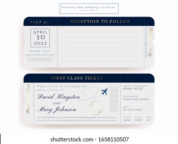 Destination Wedding Classic Blue Passport Invitation Vector Set.Boarding Pass ticket template.Modern luxury design.
