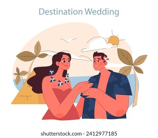 Destination Wedding concept. A couple exchanges vows under an exotic sun, their love story blossoming in a tropical paradise.