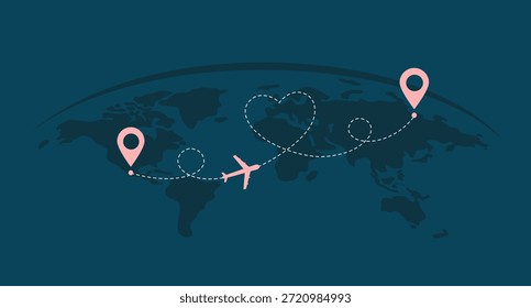 Modelo de design de vetor de Convite de Casamento de Destino. Viagem de avião a festa de casamento.