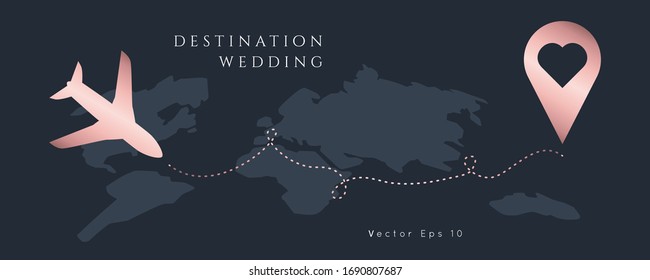 Destination Wedding  Invitation.Modern luxury vector design template.Airplane trip to wedding party.Hert shape pin.