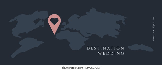 Destination Wedding  Invitation.Modern luxury vector design template.Airplane trip to wedding party.Hert shape pin.